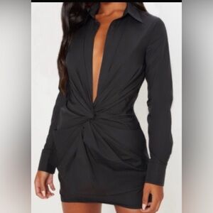 PrettyLittleThing Black Shirt Dress with Front Twist Detail